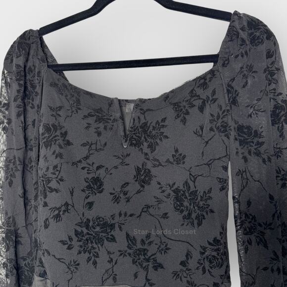 Lulus Regal Rendezvous Floral Bodysuit | Medium Black Mesh Long Sleeve Velvet - Picture 4 of 11